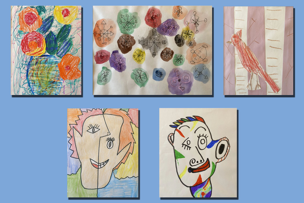 A collage of five student art show submissions including flowers, Picasso-style portraits and a cardinal