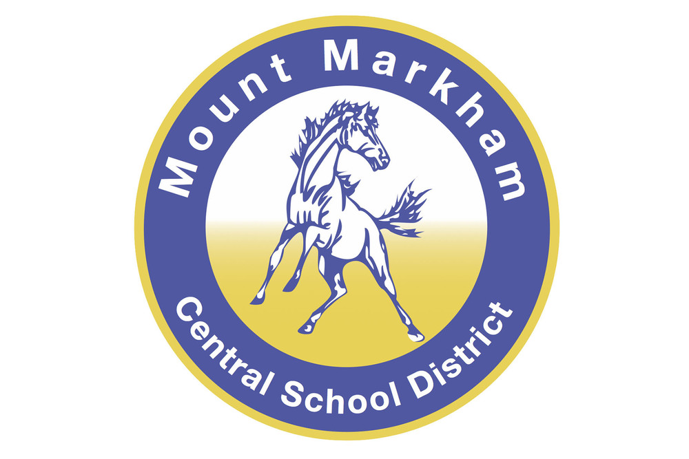 Blue and yellow Mount Markham Central School District logo with a mustang on it