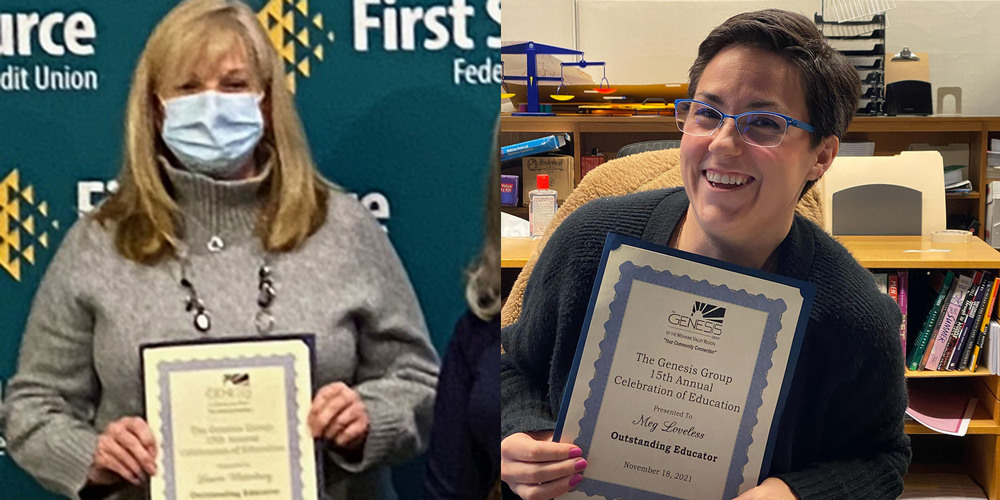 Laurie Waterbury on the left and Meg Loveless on the right holding Genesis Group Outstanding Educator certificates