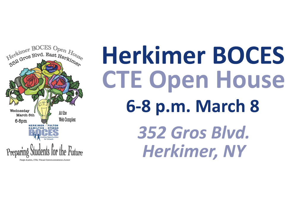 Herkimer BOCES CTE Open House 6-8 p.m. March 8 with a logo by a Visual Communications student