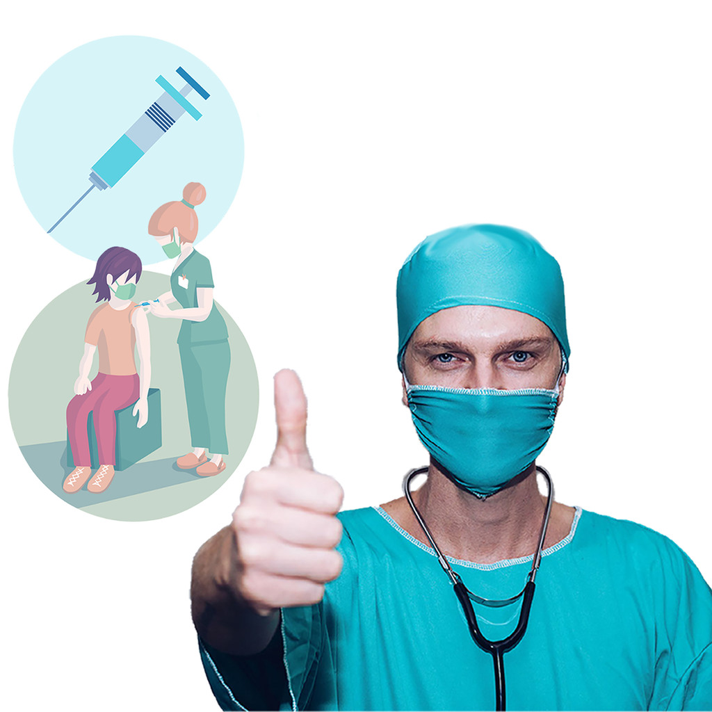 Illustration of a needle and of a nurse giving a shot along with a photo of a nurse giving a thumbs up