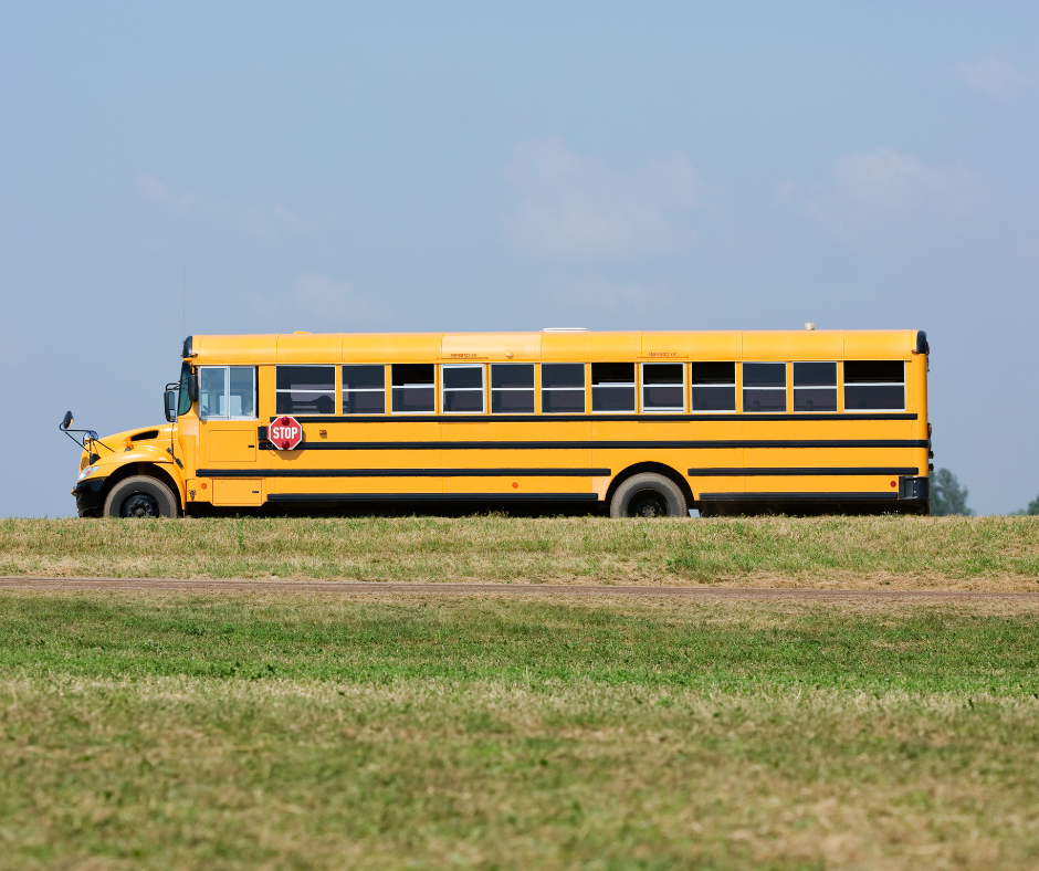 School bus above a grass field