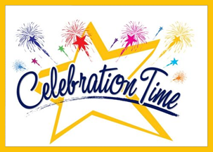 A Celebration Time image with a yellow star and fireworks