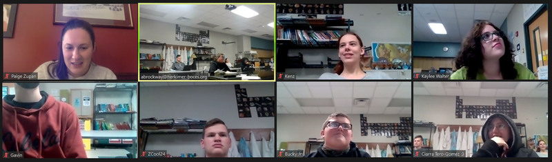 Edited screenshot of a Zoom call with Paige Zupan and VP-TECH students