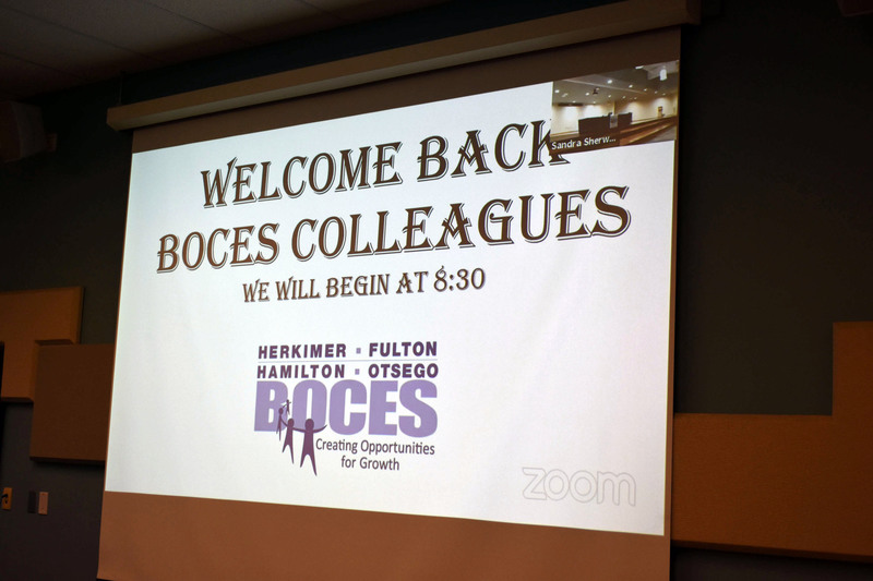 Screen displaying the words Welcome back BOCES colleagues with the Herkimer BOCES logo