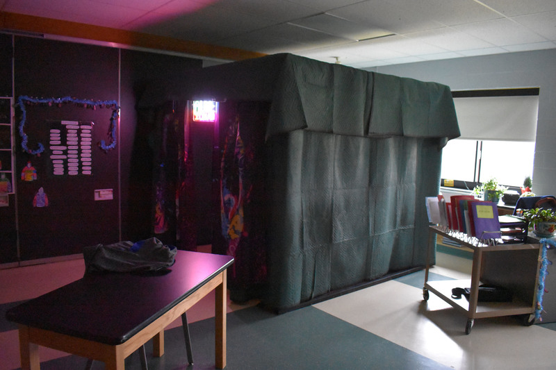 Podcast recording booth in a Pathways Academy classroom